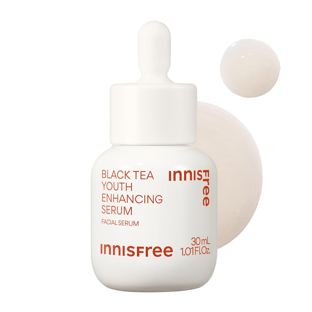 Innisfree Black Tea Youth Serum bottle closeup showing glow-boosting formula