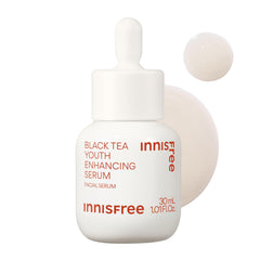 Innisfree Black Tea Youth Serum bottle closeup showing glow-boosting formula