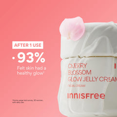 Innisfree Cherry Blossom Glow Jelly Cream jar reveals translucent gel and dewy finish