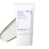 Innisfree Daily Mineral UV Defense bottle with green tint for redness correction.