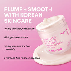 Innisfree Green Tea Ceramide Collagen Plump Cream display shows creamy texture for quick absorption.