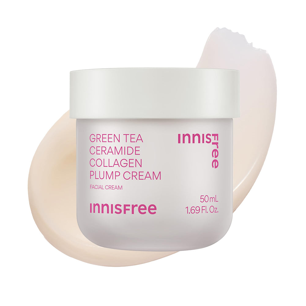 Innisfree Green Tea Ceramide Collagen Plump Cream jar close-up for barrier-supporting hydration.