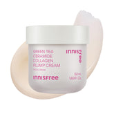 Innisfree Green Tea Ceramide Collagen Plump Cream jar close-up for barrier-supporting hydration.