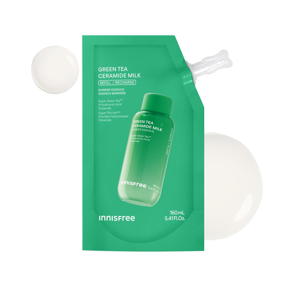 innisfree Green Tea Ceramide Milk Refill bottle pour demonstrates light hydration for all skin types.