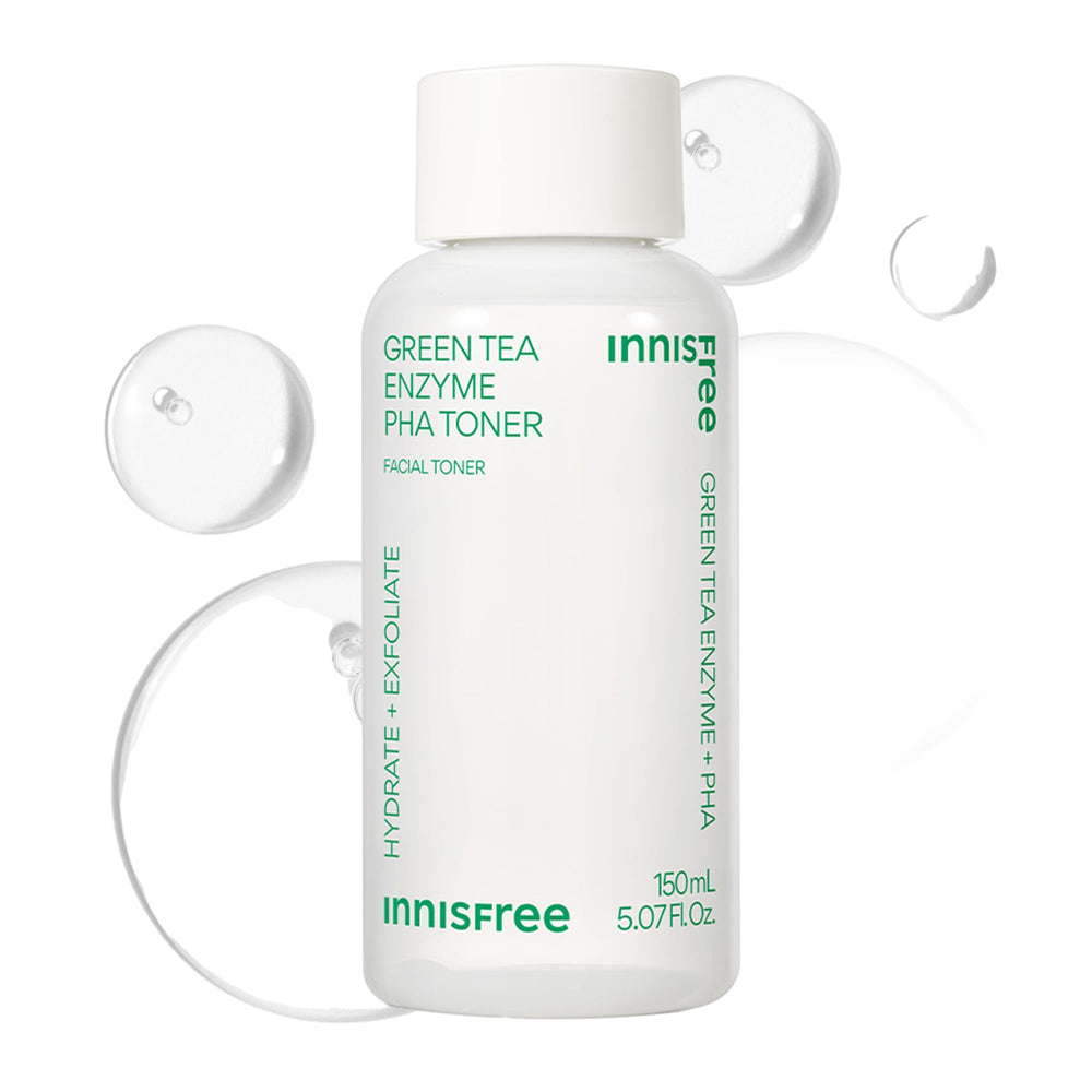 Innisfree Green Tea Enzyme PHA Toner bottle highlights hydrating exfoliation for all skin types
