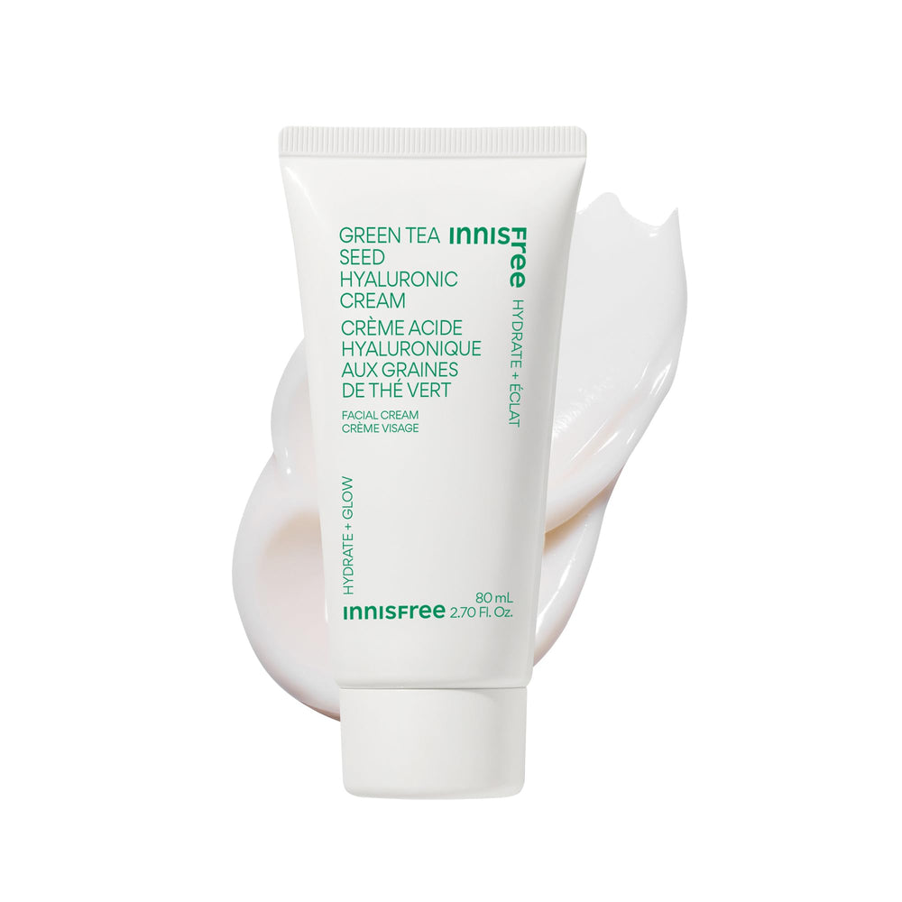 innisfree Jumbo Green Tea Seed Hyaluronic Acid Cream bottle showing barrier-boosting hydration benefits