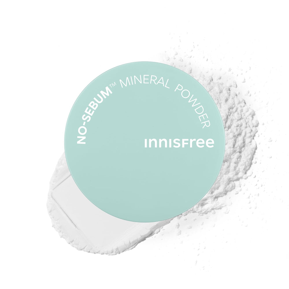 Innisfree No Sebum Matte Powder jar close-up showing oil absorption and pore blur.