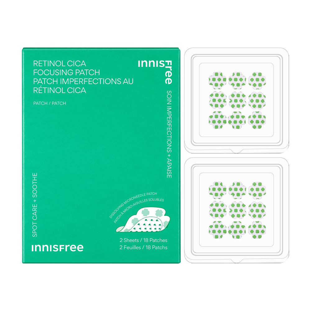 Innisfree Retinol Cica Patches applied on skin for targeted blemish soothing.