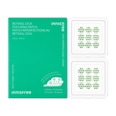 Innisfree Retinol Cica Patches applied on skin for targeted blemish soothing.