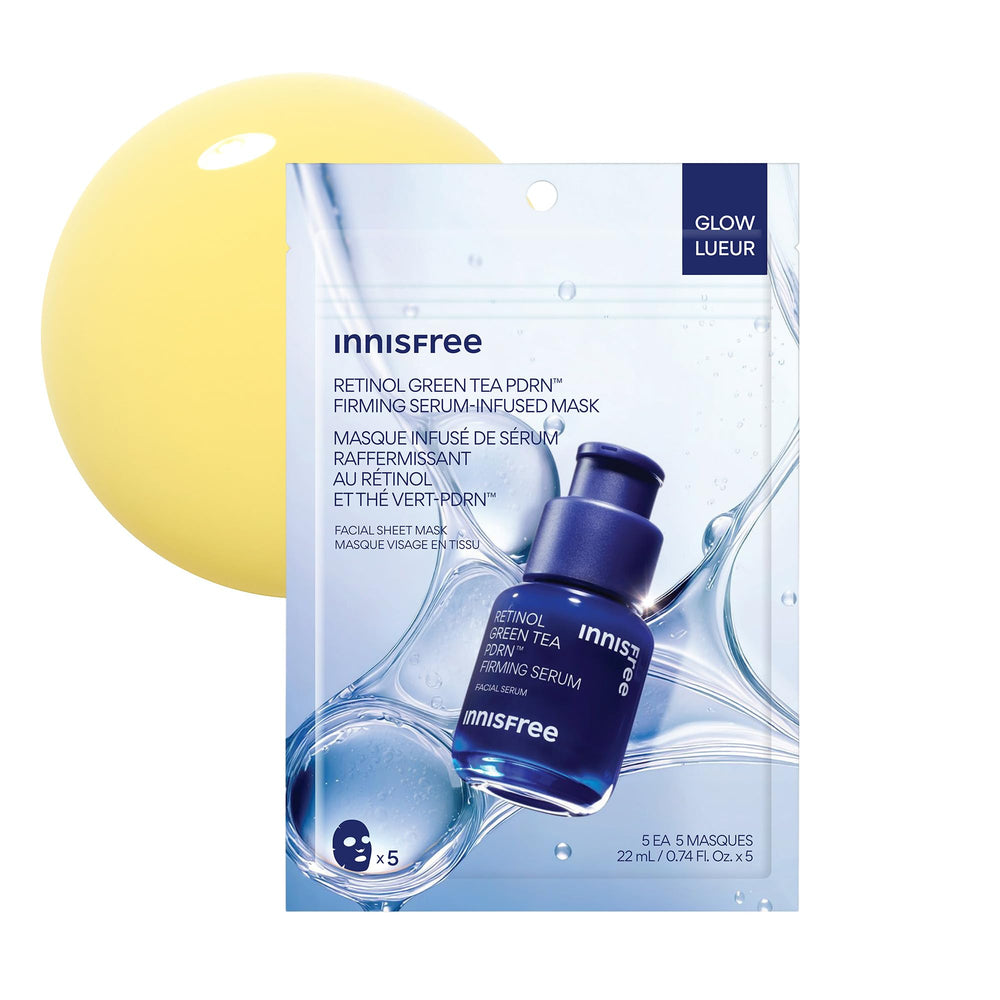 Innisfree Retinol Green Tea PDRN mask packaging signals premium daily skincare.