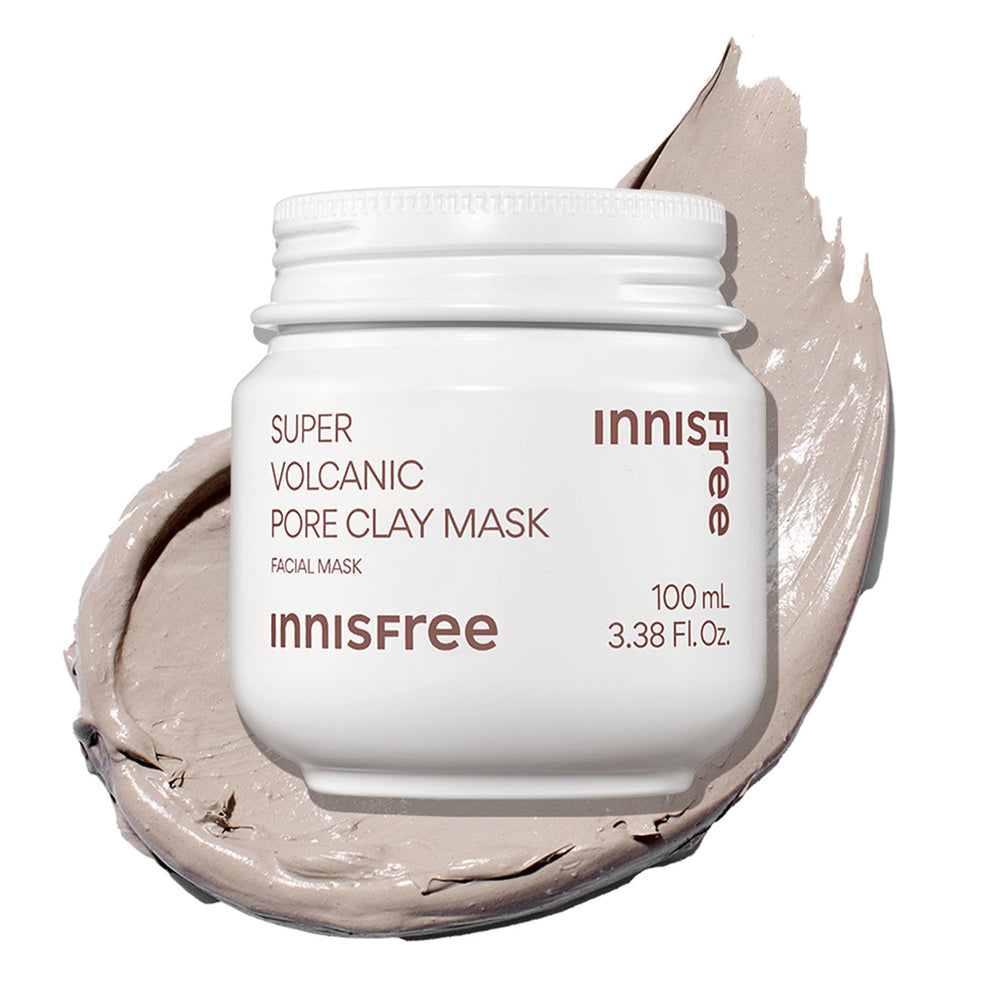 Innisfree Super Volcanic Clay Mask jar shows creamy texture for deep cleansing