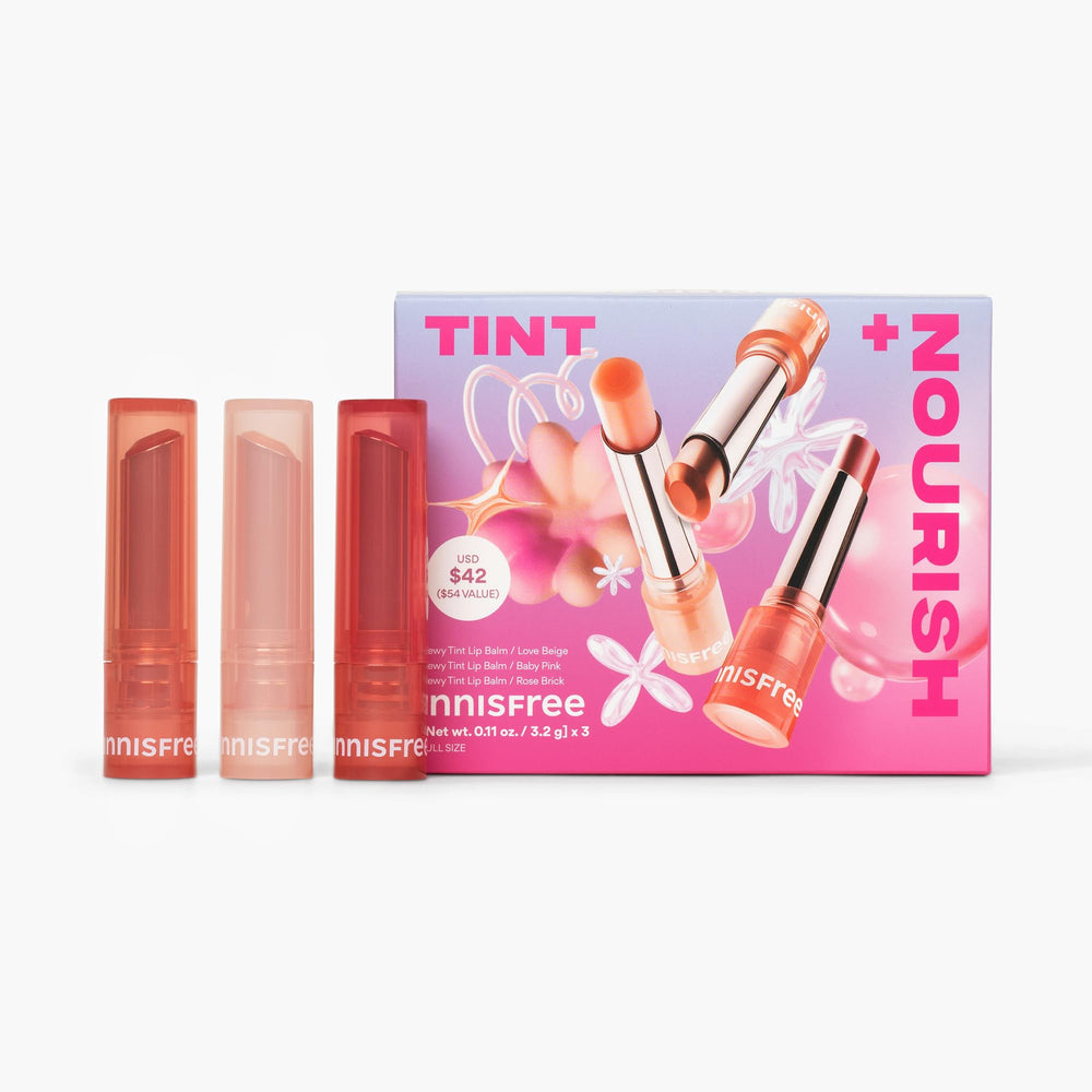 Innisfree Tint + Nourish Dewy Tint Lip Balm Trio display for hydrated lip glow.