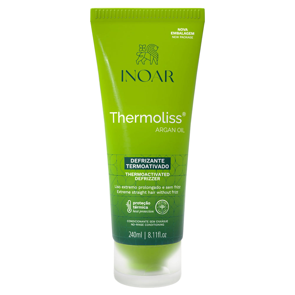 INOAR Argan Oil Thermoliss Balm bottle showcases frizz control for smooth, manageable hair