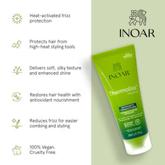 INOAR Argan Oil Thermoliss Balm heat protection image shows glossy, shielded strands during styling