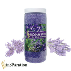 InSPAration spa scene showcasing lavender crystals in a hot tub setup.