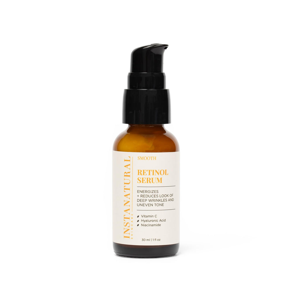 InstaNatural Retinol Serum bottle on vanity for a glow routine.