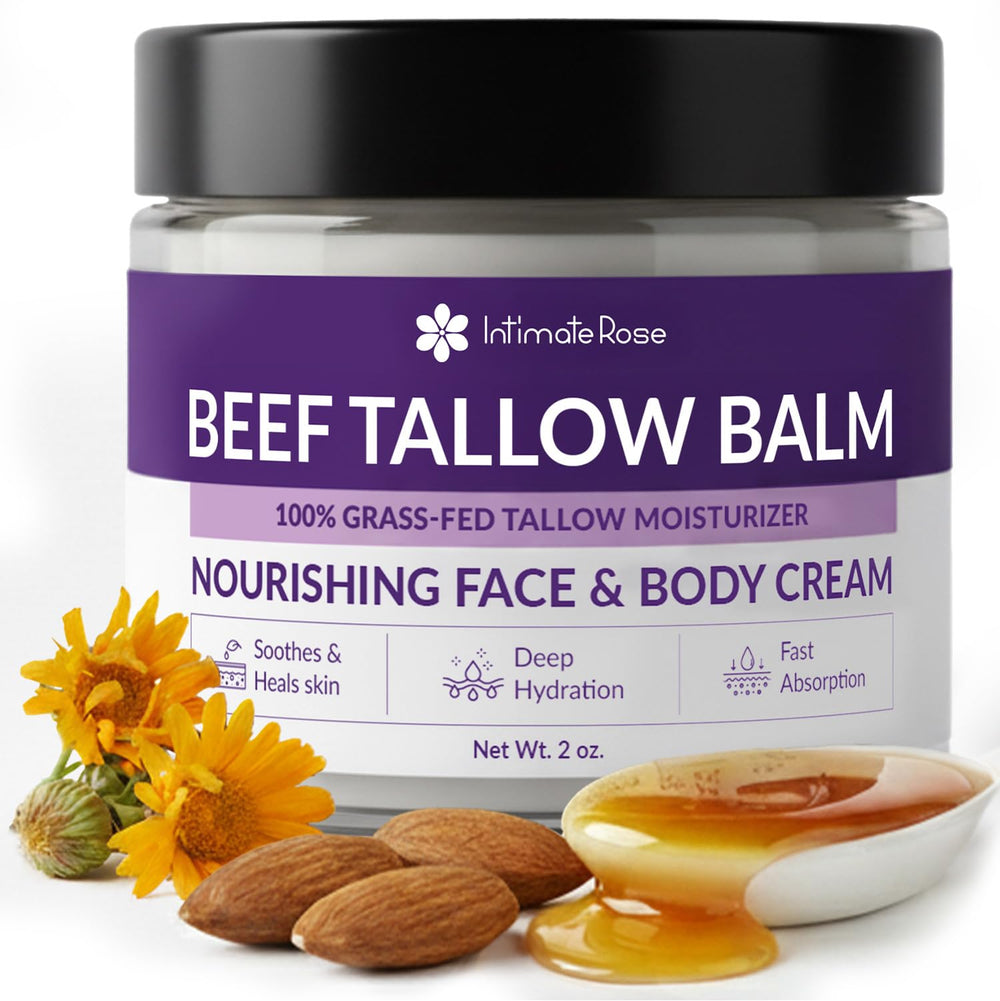 Intimate Rose beef tallow balm jar closeup showing rich texture for skin nourishment.