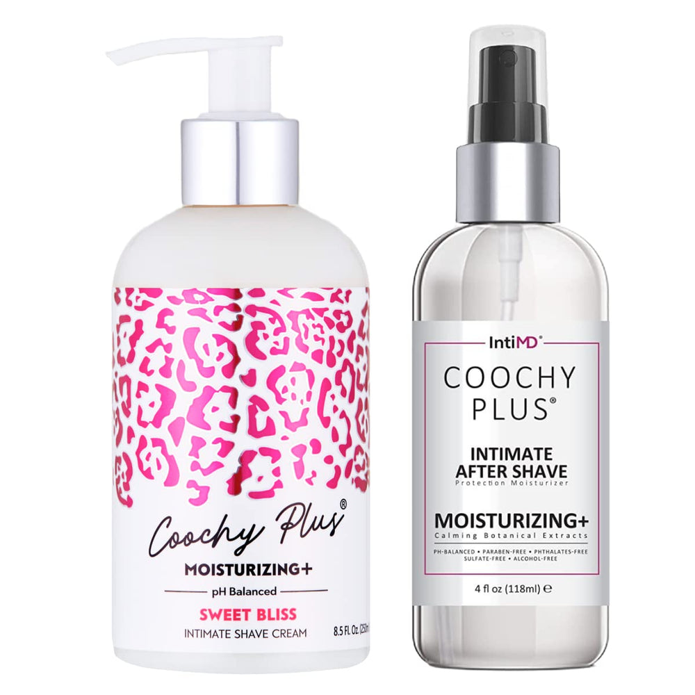 IntiMD Coochy Plus kit box shows premium intimate shaving essentials for a smoother routine