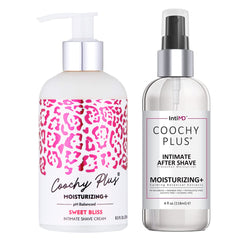 IntiMD Coochy Plus kit box shows premium intimate shaving essentials for a smoother routine