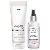 IntiMD Coochy Plus shave cream tube closeup, fragrance-free and moisturizing for delicate skin.