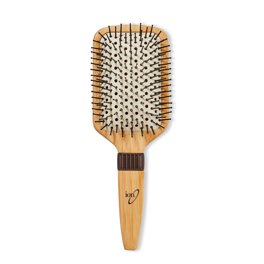 Ion Bamboo Vented Paddle Brush body highlights lightweight bamboo for easy styling