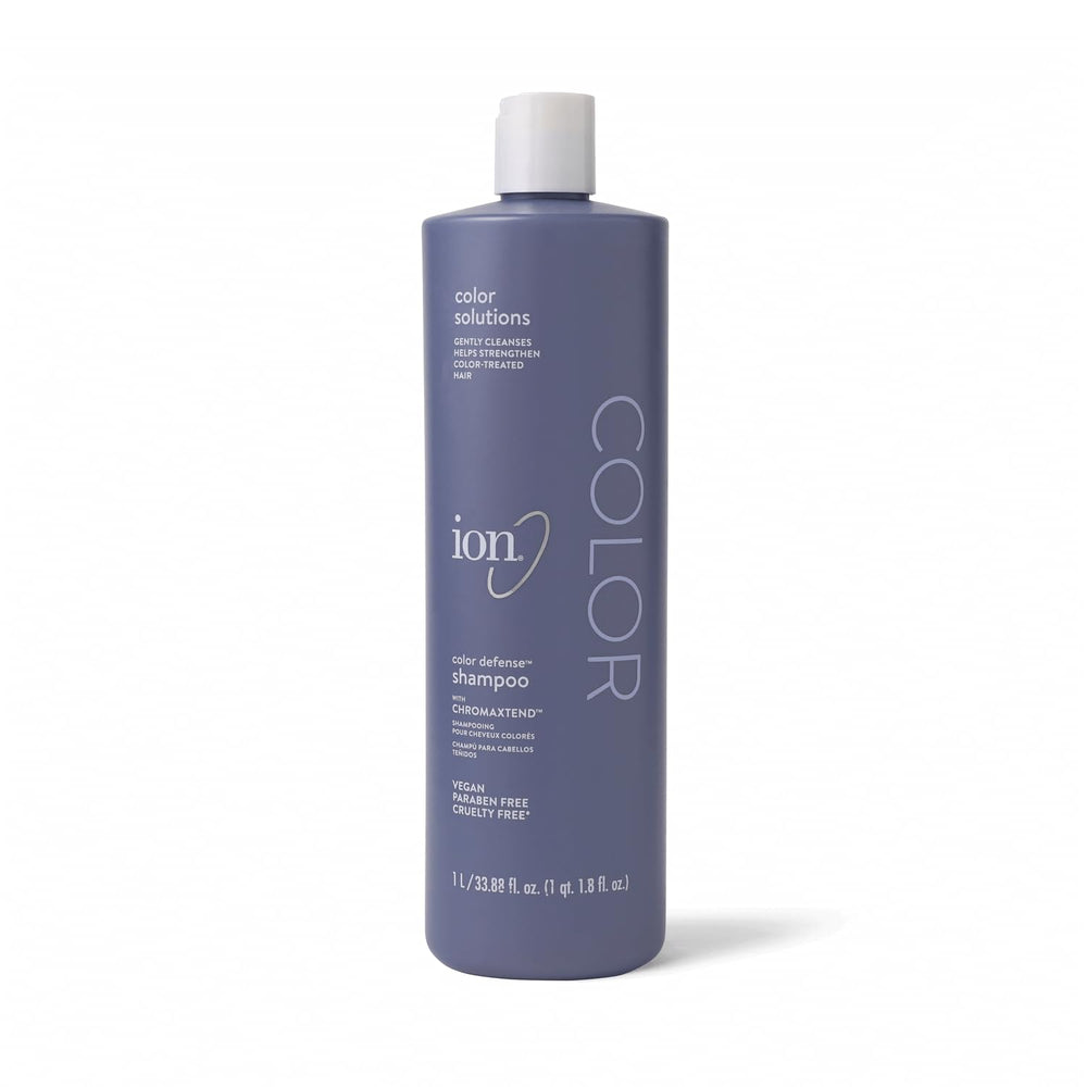 ion Color Defense Shampoo bottle close-up showing vegan, color-treated hair care.