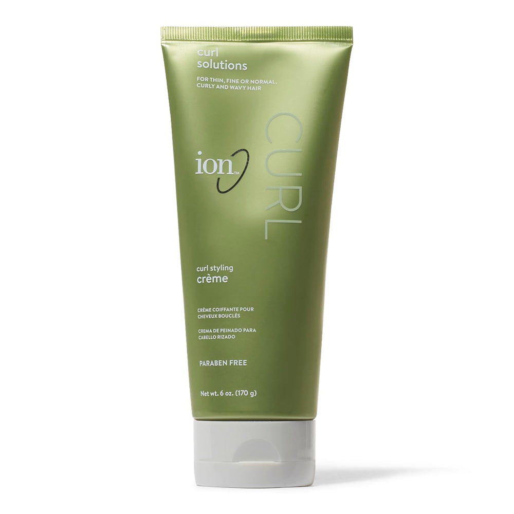 Ion Curl Solutions Styling Creme bottle demonstrating smooth, defined curls.