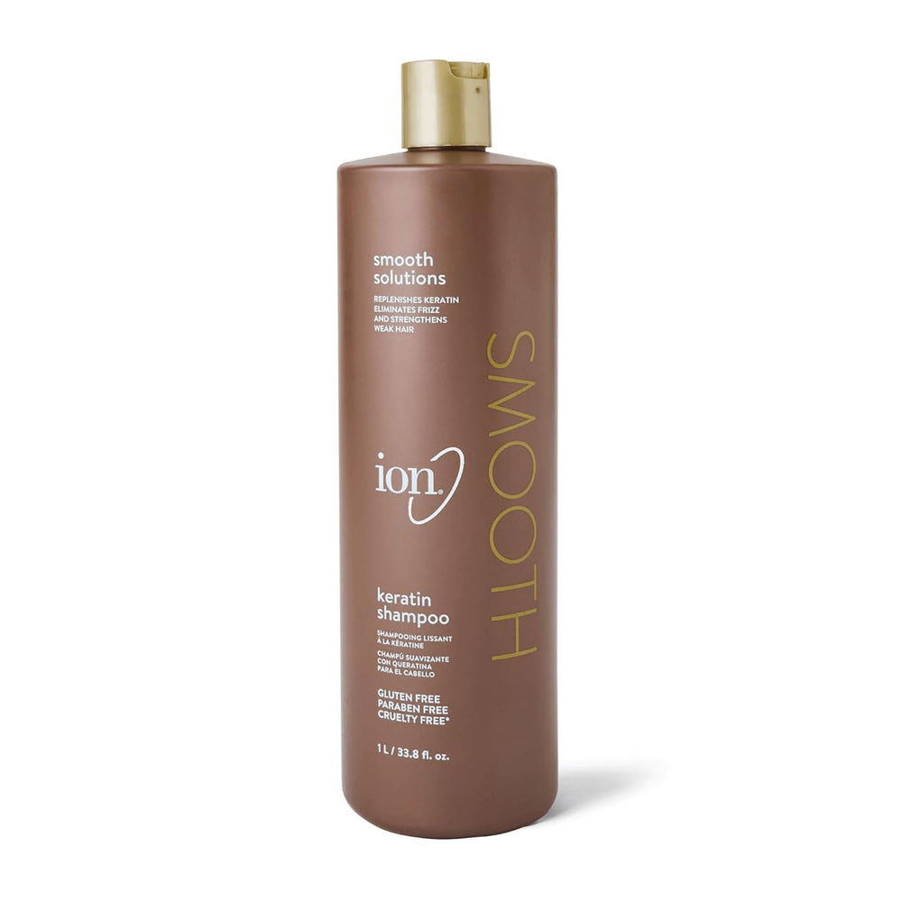 Ion Keratin Smoothing Shampoo bottle front shows sleek packaging for salon-grade smooth results.