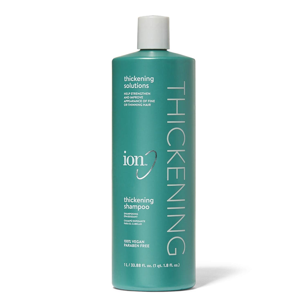 Ion Thickening Shampoo bottle pouring, promoting gentle cleansing and added volume