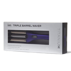 Ion Titanium Triple Barrel Waver barrel close-up shows smooth titanium surface.
