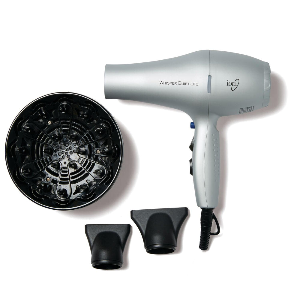 Ion Whisper Quiet Lite hair dryer front view highlights lightweight comfort for fast styling sessions