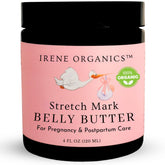 Irene Organics Belly Butter jar closeup showing hydrating formula for pregnancy