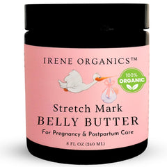 Irene Organics belly butter jar closeup highlighting the hydrating formula for pregnancy skin