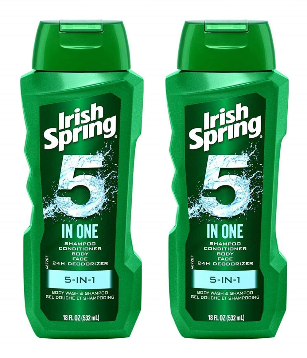 Irish Spring 5-in-1 bottle pour demonstrates versatile all-in-one wash for hair, face, and body.