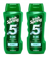 Irish Spring 5-in-1 bottle pour demonstrates versatile all-in-one wash for hair, face, and body.