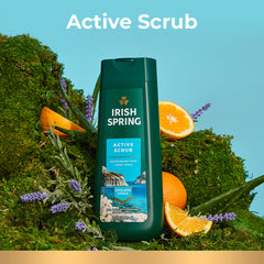 Irish Spring Active Scrub exfoliating-beads detail emphasizes skin exfoliation and smooth feel.