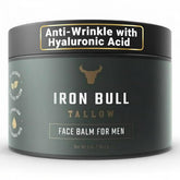 Iron Bull Tallow face moisturizer jar closeup, highlighting natural texture for daily anti-aging care.
