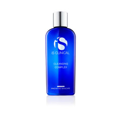 iS CLINICAL Cleansing Complex bottle closeup shows a paraben-free 3in1 cleanser for all skin types.