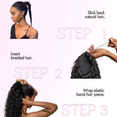 Isaic ponytail extension 8in jet black drawstring closeup shows adjustable secure wrap.