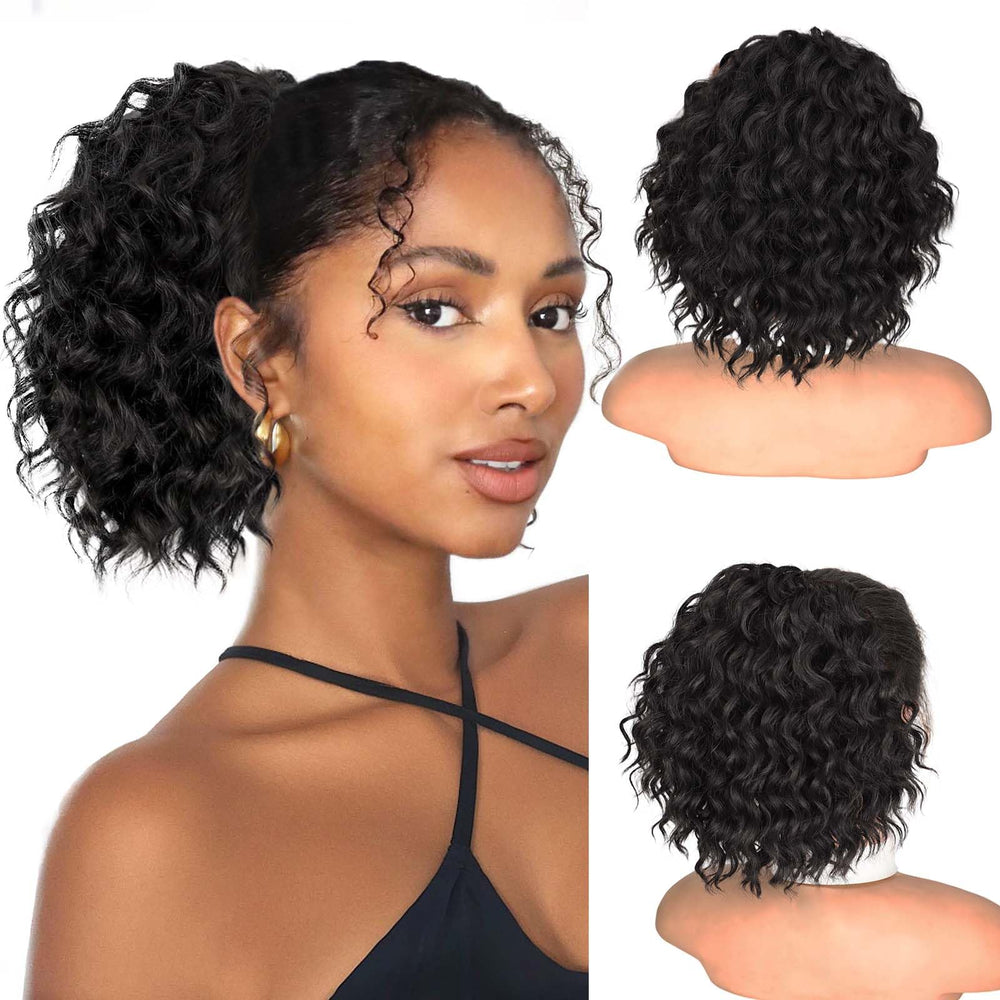 Isaic ponytail extension 8in jet black front view showing natural waves for daily styling.