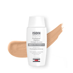 ISDIN Eryfotona Ageless tinted SPF 50 sunscreen tube for daily protection.