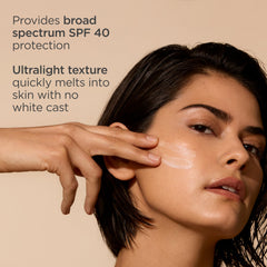 ISDIN Fusion Water MAGIC texture dispense highlights an ultra-light formula suitable for all skin tones.