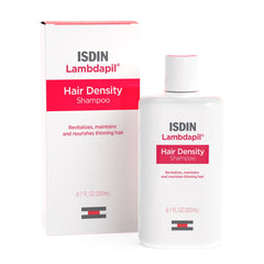 ISDIN Lambdapil shampoo bottle showing volumizing care for thinning hair.