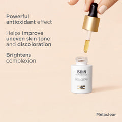 Isdin Melaclear serum texture close-up highlighting lightweight, fast-absorbing formula