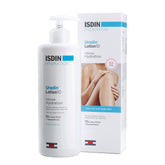 ISDIN Uradin bottle close-up shows 24-hour hydration for dry skin.