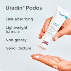ISDIN Uradin Podos Gel Oil bottle with product spread demonstrating smoothing action