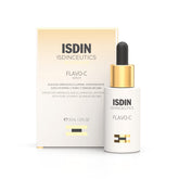 ISDIN Flavo-C bottle front shows brightening serum for daily antioxidant protection.
