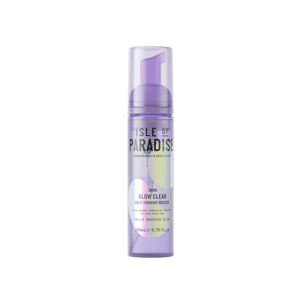 Isle of Paradise Glow Clear Self-Tanning Mousse bottle shows transfer-free hydration.