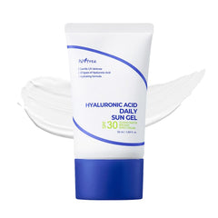 ISNTREE Hyaluronic Acid Daily Sun Gel bottle shows daily SPF protection for clear skin.
