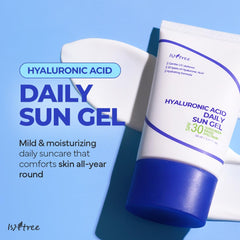 ISNTREE Hyaluronic Acid Daily Sun Gel texture highlights a non-greasy finish.